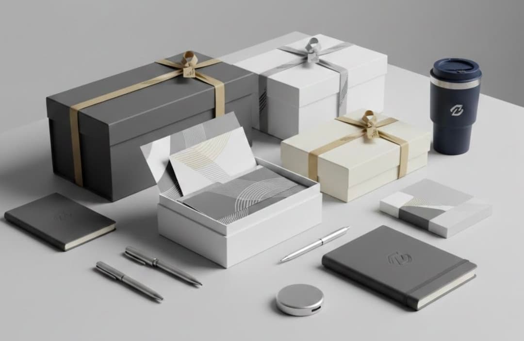 Premium branded corporate gift sets — boxes, notebooks, pens and drinkware